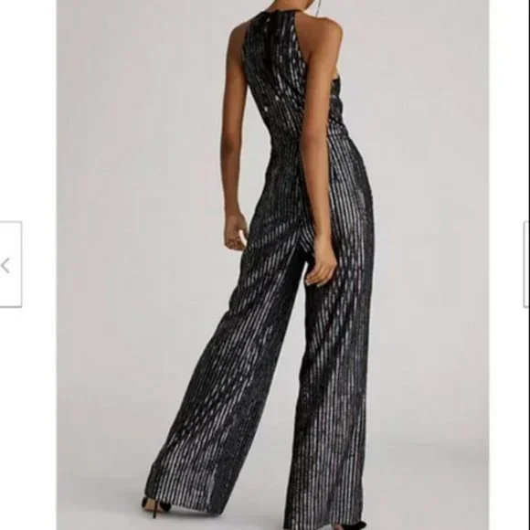 Anthropologie Maeve 26W NWT Metallic Disco Halter Wide Leg Jumpsuit Silver Black